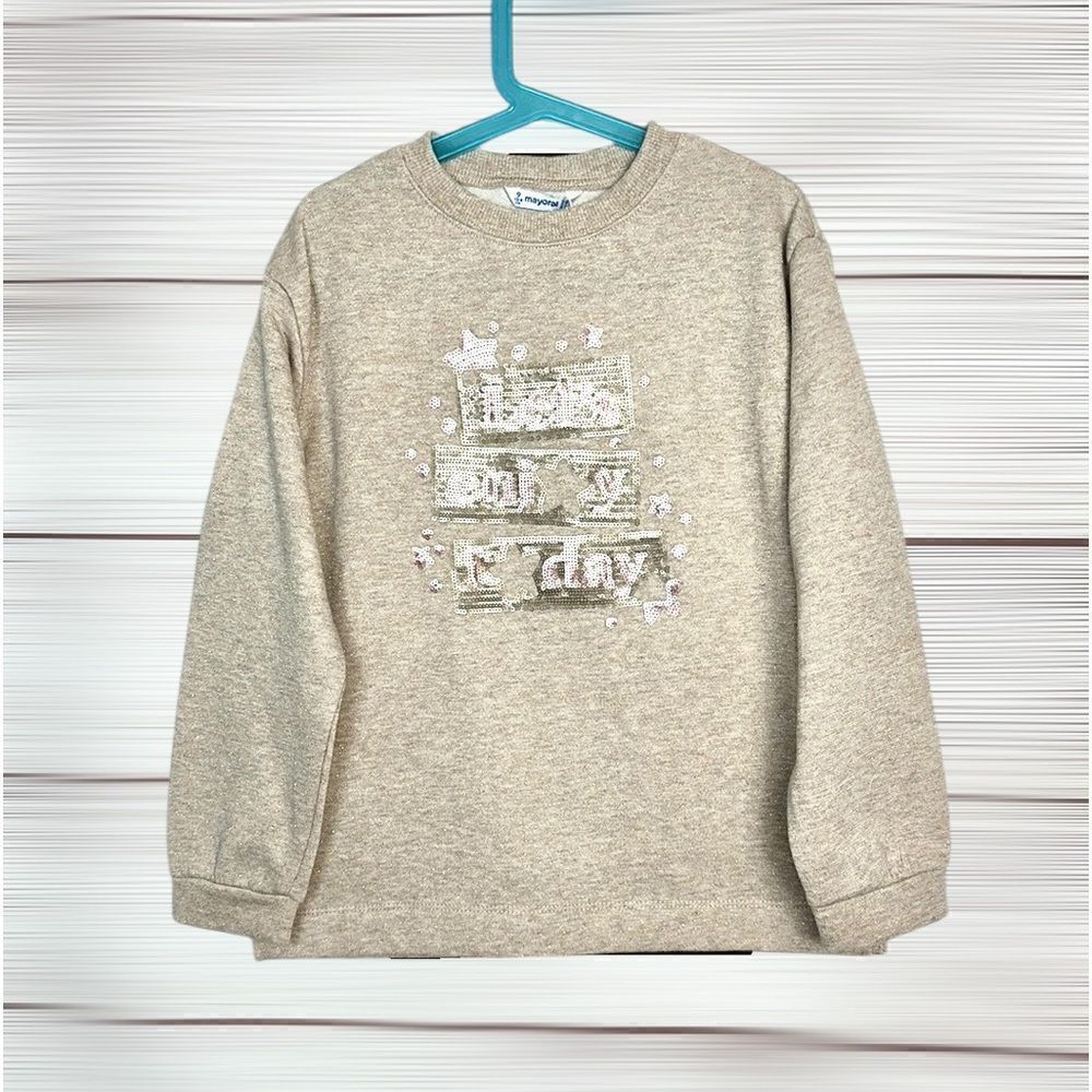 NWT Girls Mayoral Lets Enjoy Sweatshirt Beige Sequins Embroidery sz 9 (134 cm)